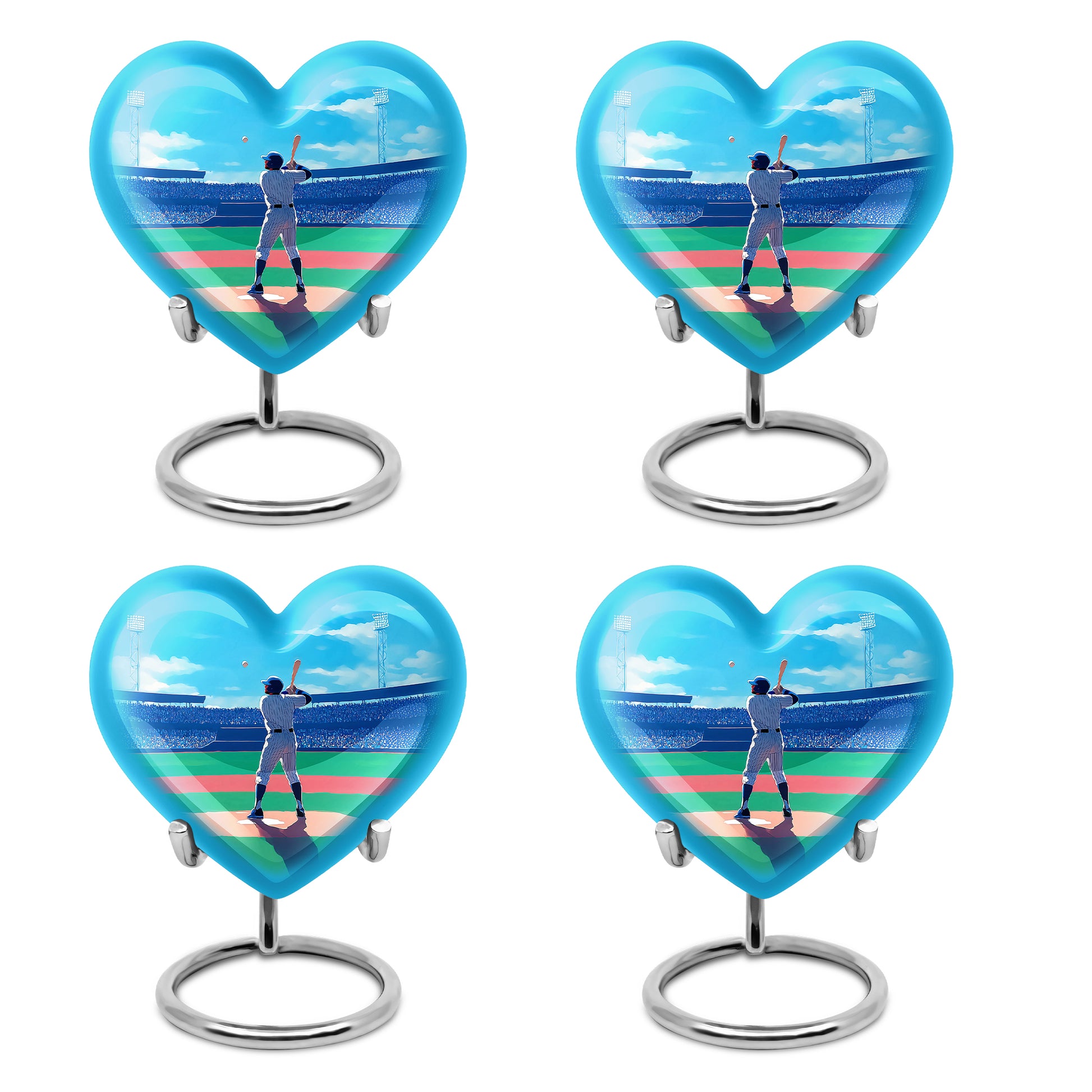 Calming Blue Baseball Cremation Urn angled view of lid and engraved motif - romantic heart urn with baseball motif on aluminum - 10 inch aluminum urn for cremated remains