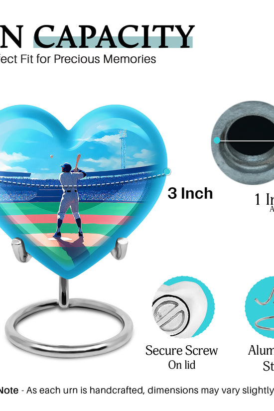 Bright Blue Baseball Cremation Urn front view showing detailed design - compassionate heart-baseball combination with gentle curves - mini keepsake memorial for portion of cremation ashes
