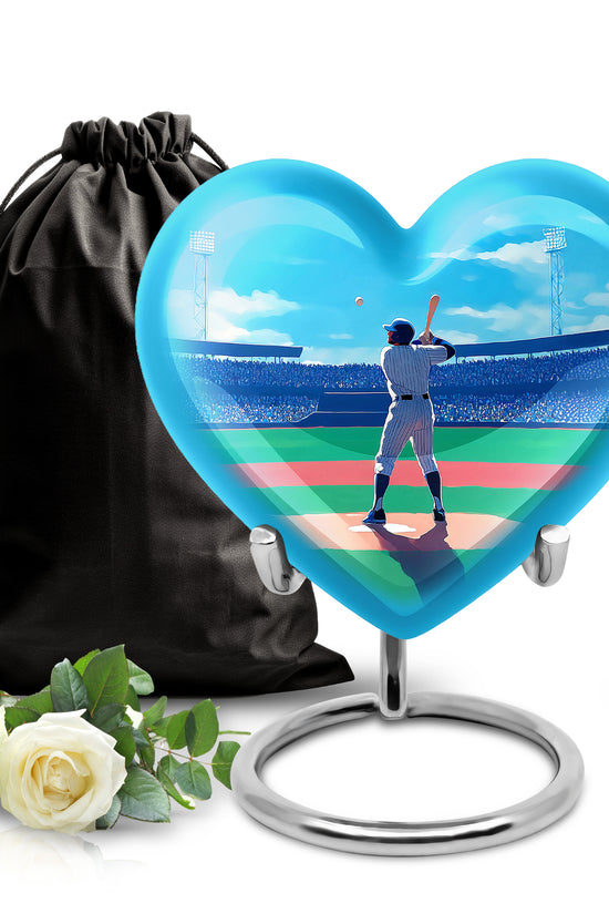 Soft Blue Baseball Cremation Urn detail view - compassionate heart-baseball combination with gentle curves - full-size 10 inch 200 cubic inch adult cremation urn