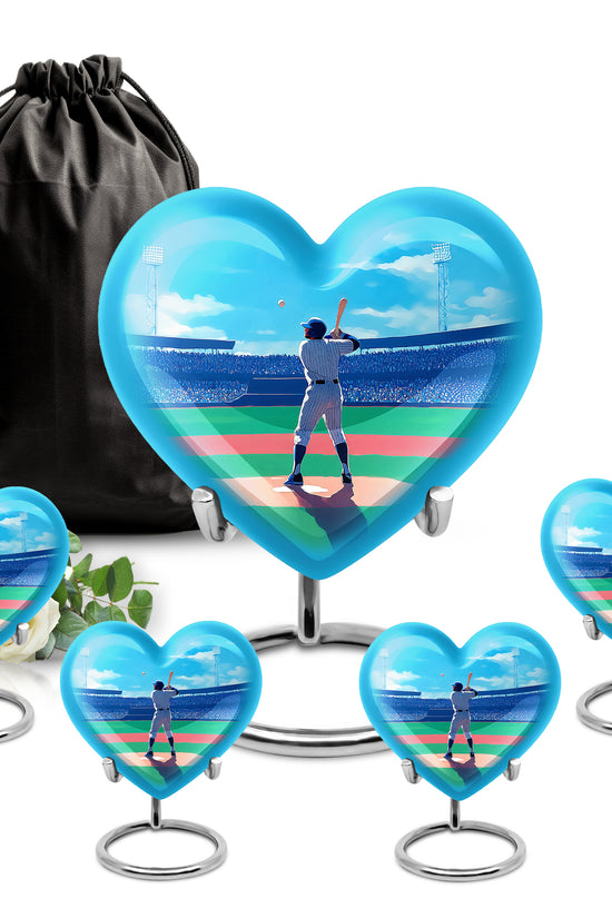 Indigo Baseball Cremation Urn close-up of engraving and surface detail - loving heart memorial featuring baseball pattern - memorial set with one large and four small urns