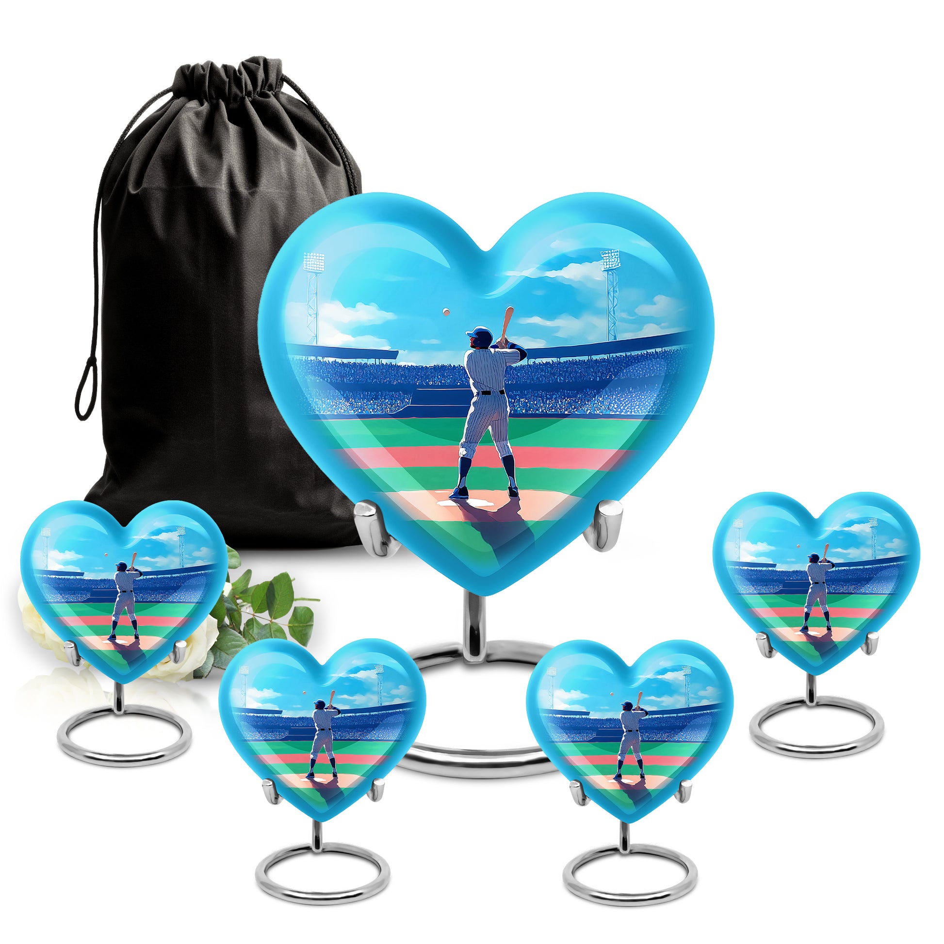 Indigo Baseball Cremation Urn close-up of engraving and surface detail - loving heart memorial featuring baseball pattern - memorial set with one large and four small urns