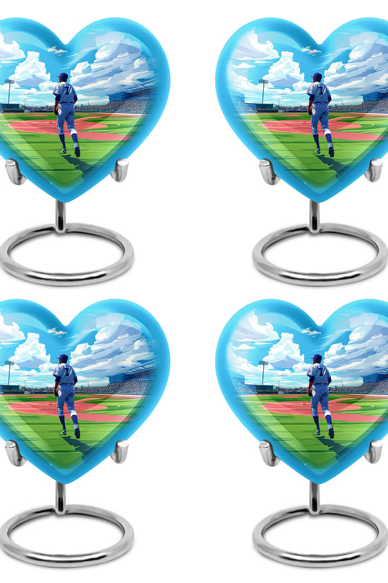 Soft Blue Baseball Cremation Urn angled view of lid and engraved motif - romantic heart urn with baseball motif on aluminum - 10 inch aluminum urn for cremated remains