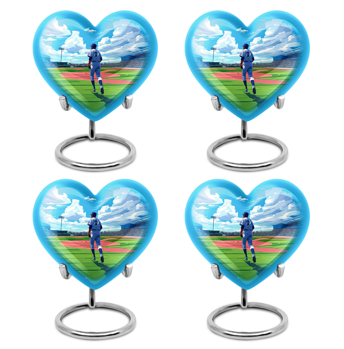 Soft Blue Baseball Cremation Urn angled view of lid and engraved motif - romantic heart urn with baseball motif on aluminum - 10 inch aluminum urn for cremated remains