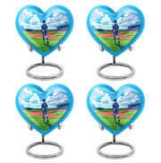Soft Blue Baseball Cremation Urn angled view of lid and engraved motif - romantic heart urn with baseball motif on aluminum - 10 inch aluminum urn for cremated remains