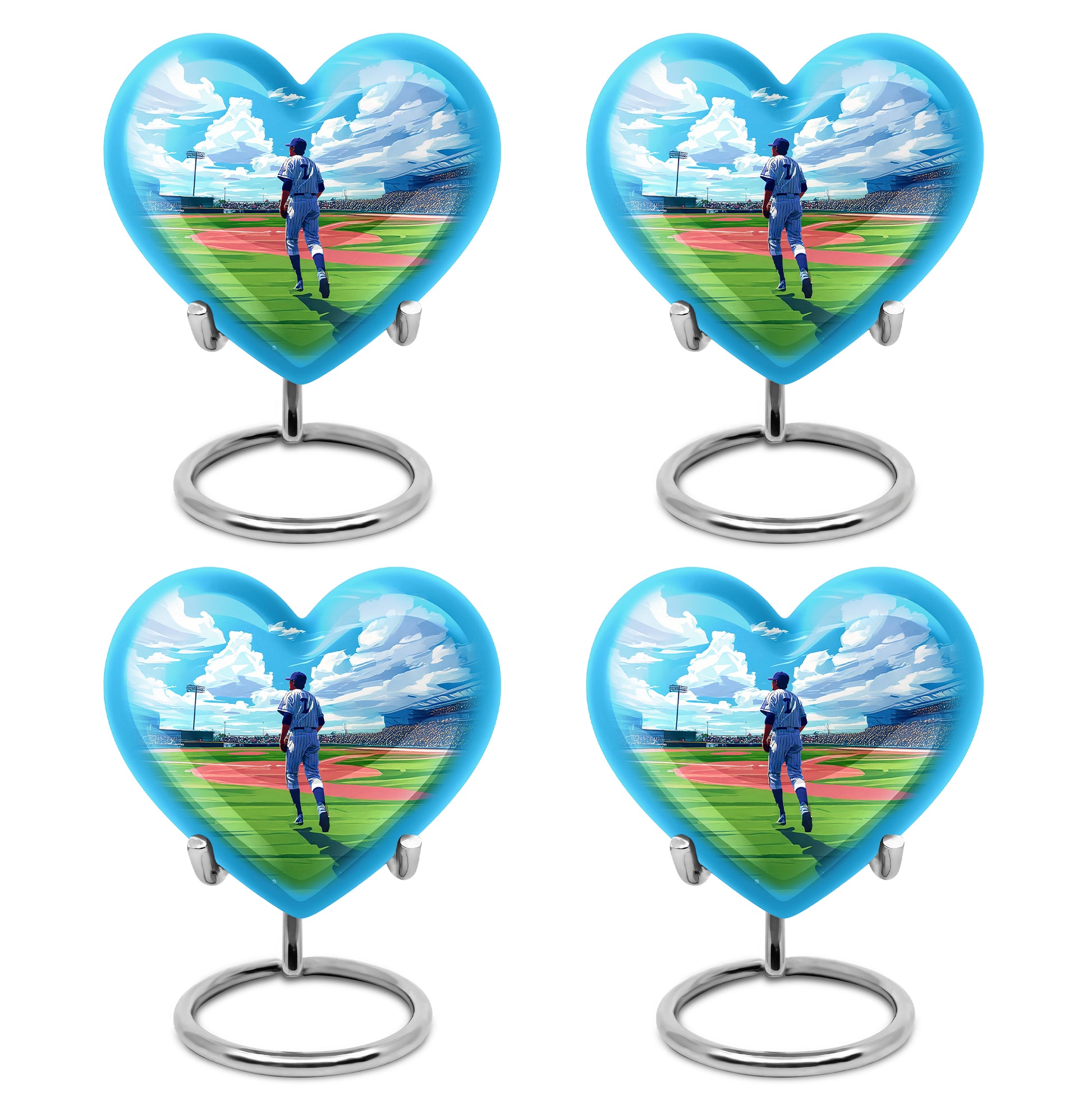 Soft Blue Baseball Cremation Urn angled view of lid and engraved motif - romantic heart urn with baseball motif on aluminum - 10 inch aluminum urn for cremated remains