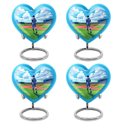 Soft Blue Baseball Cremation Urn angled view of lid and engraved motif - romantic heart urn with baseball motif on aluminum - 10 inch aluminum urn for cremated remains