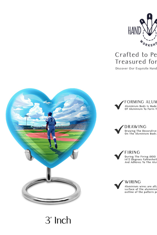 Soft Blue Baseball Cremation Urn front view showing detailed design - compassionate heart-baseball combination with gentle curves - mini keepsake memorial for portion of cremation ashes