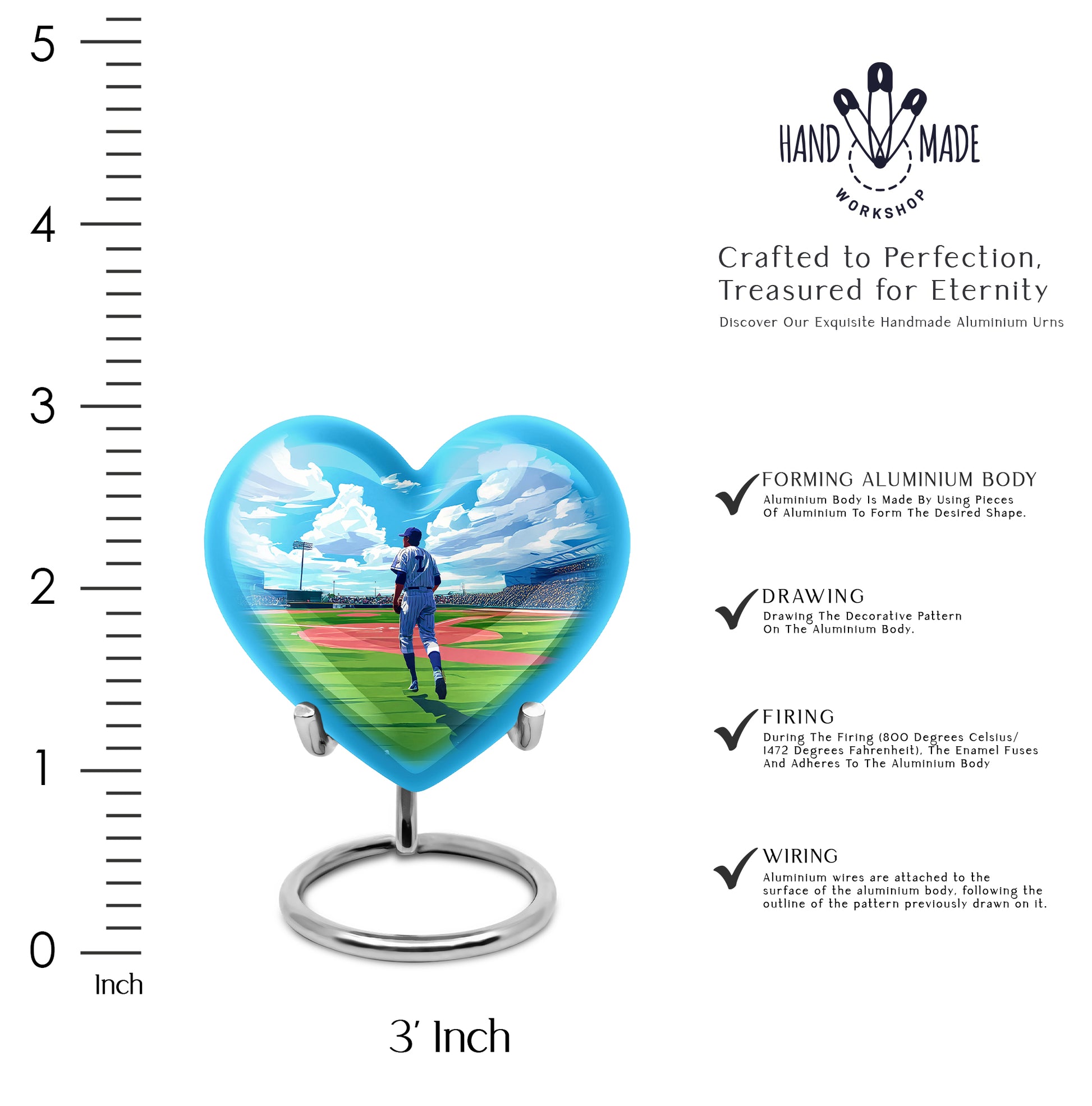 Soft Blue Baseball Cremation Urn front view showing detailed design - compassionate heart-baseball combination with gentle curves - mini keepsake memorial for portion of cremation ashes