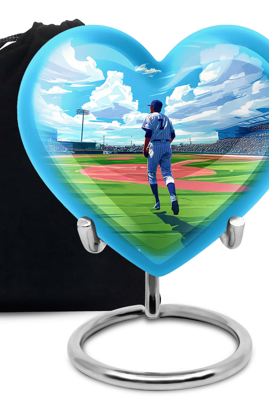 Misty Blue Baseball Cremation Urn detail view - loving heart memorial featuring baseball pattern - full-size 10 inch 200 cubic inch adult cremation urn