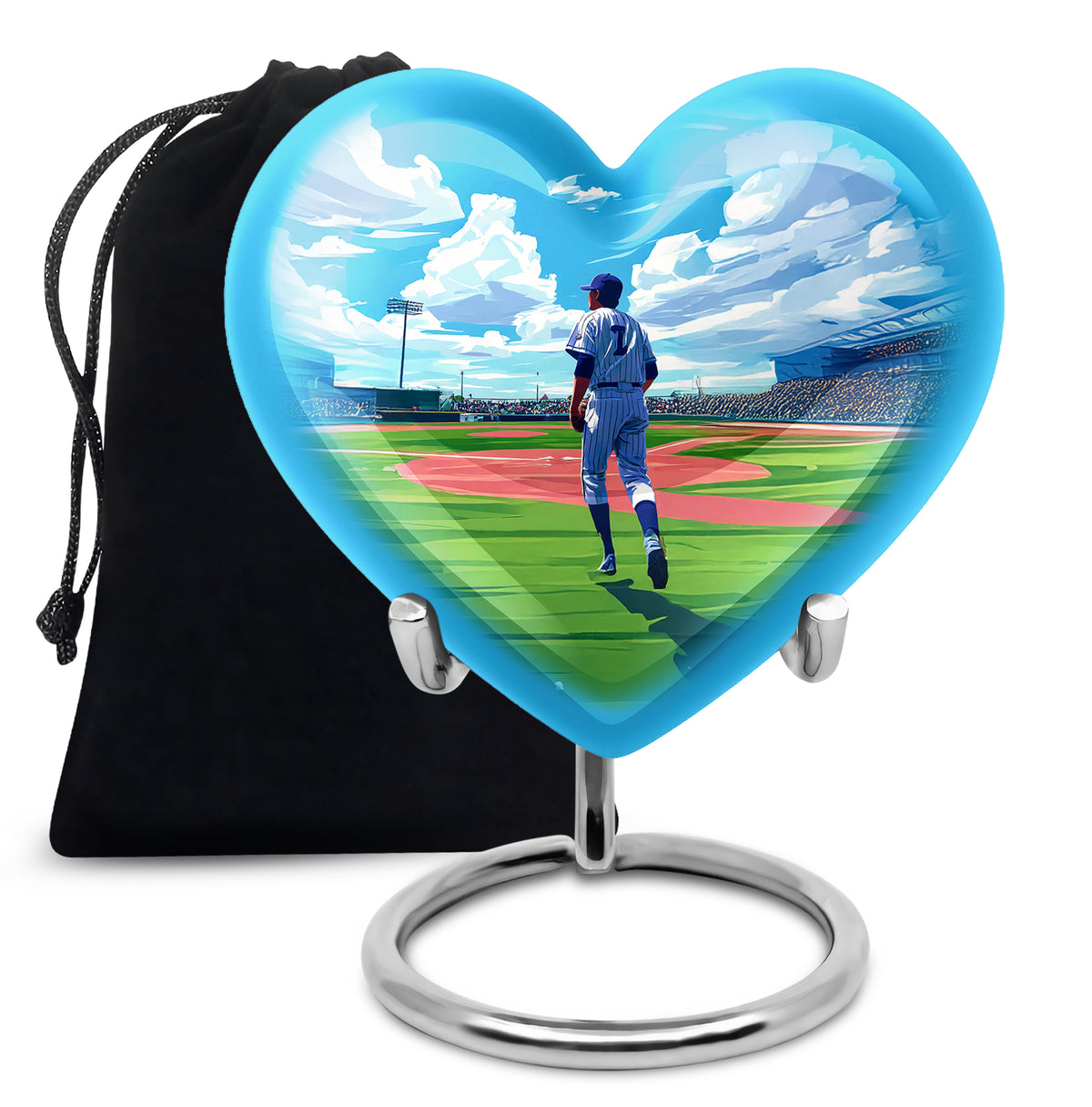 Misty Blue Baseball Cremation Urn detail view - loving heart memorial featuring baseball pattern - full-size 10 inch 200 cubic inch adult cremation urn