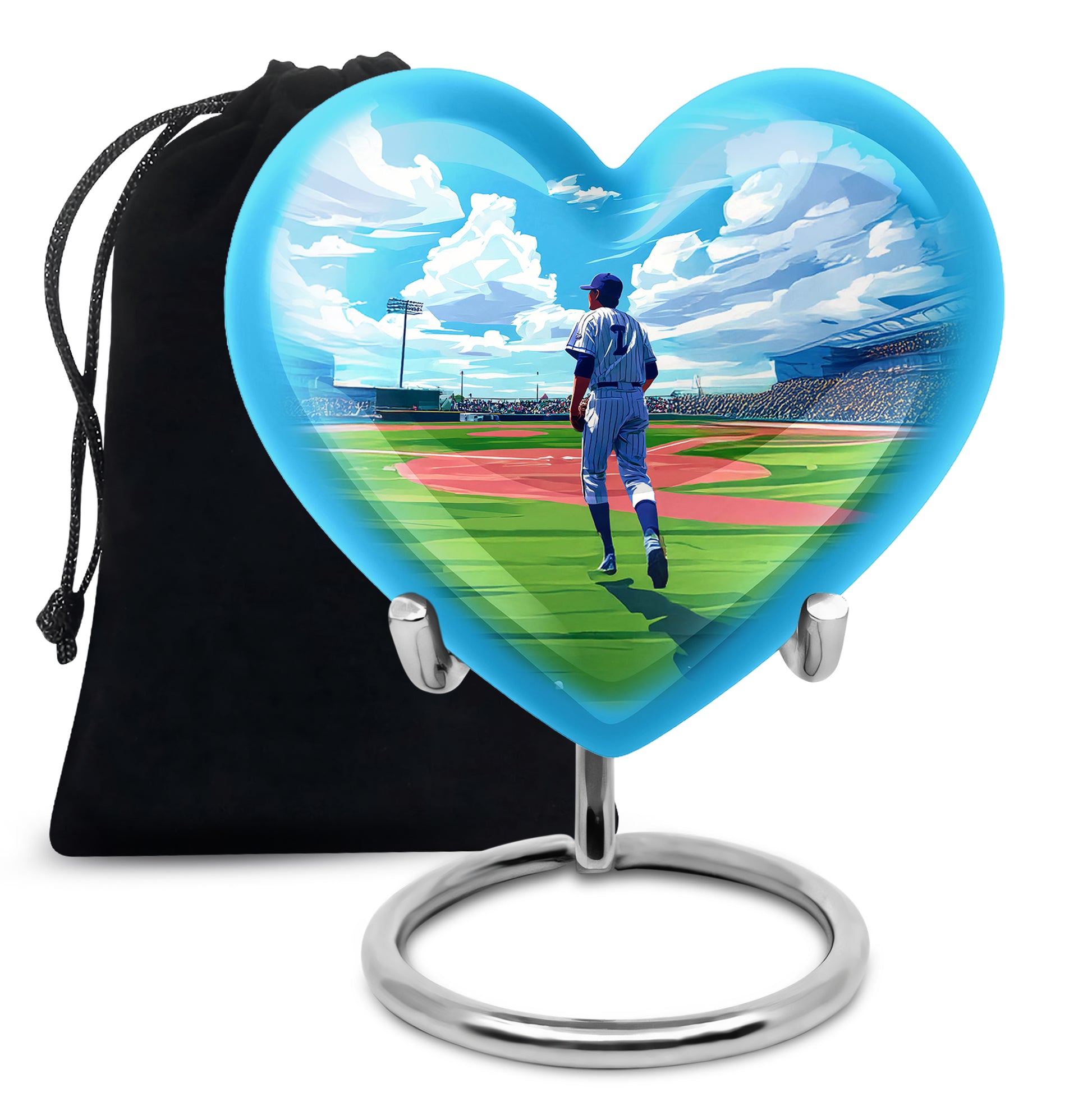 Misty Blue Baseball Cremation Urn detail view - loving heart memorial featuring baseball pattern - full-size 10 inch 200 cubic inch adult cremation urn