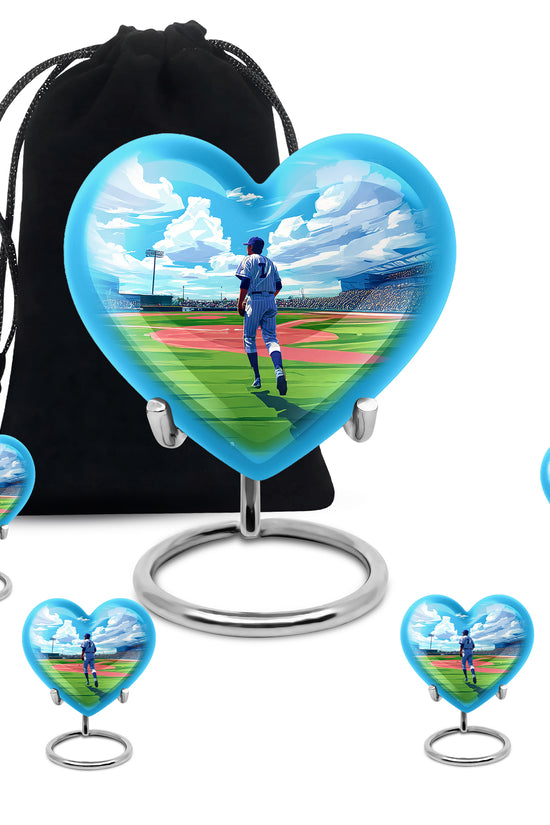 Cornflower Blue Baseball Cremation Urn close-up of engraving and surface detail - romantic heart urn with baseball motif on aluminum - memorial set with one large and four small urns