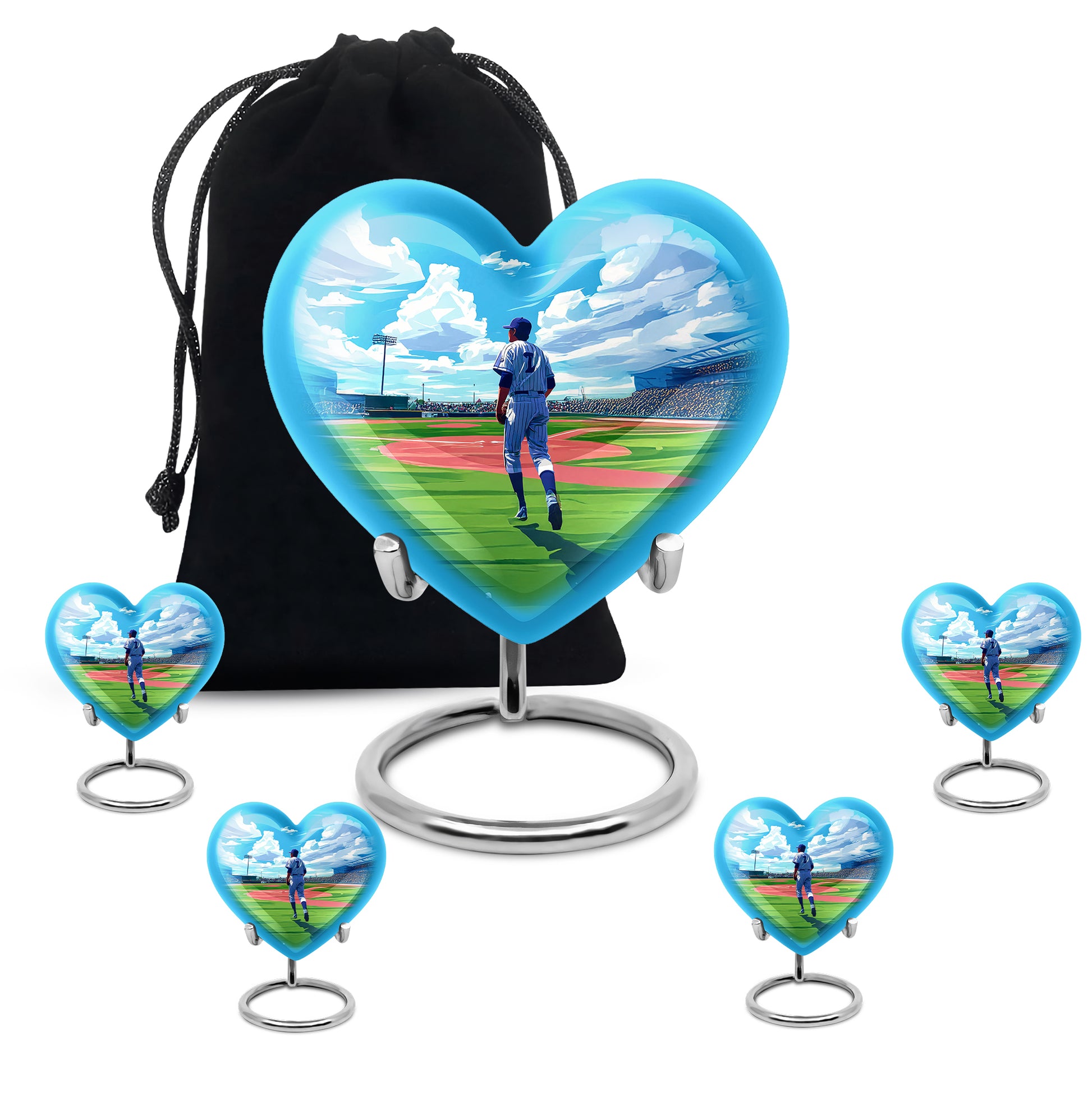 Cornflower Blue Baseball Cremation Urn close-up of engraving and surface detail - romantic heart urn with baseball motif on aluminum - memorial set with one large and four small urns