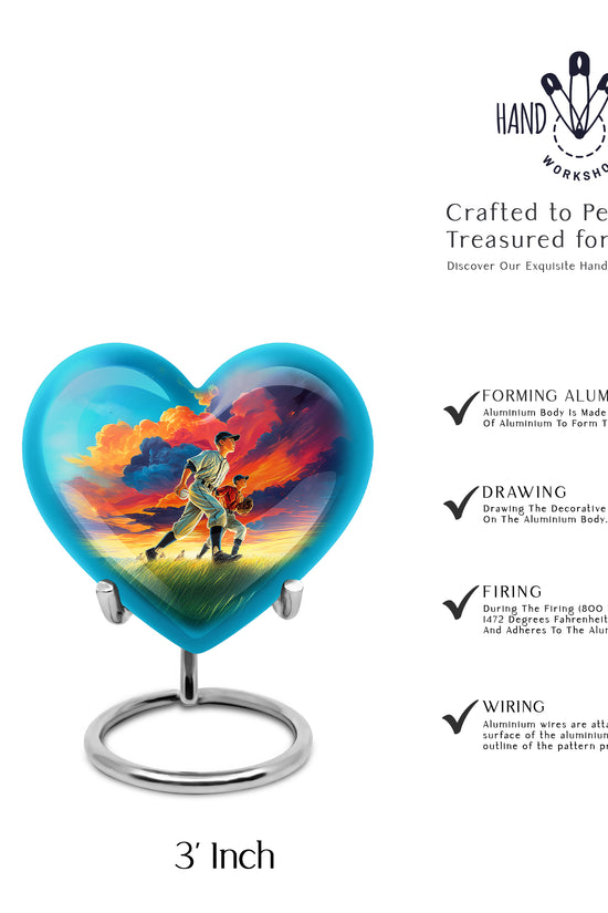 Dusty Blue Baseball Cremation Urn front view showing detailed design - heart-shaped baseball design symbolizing eternal love - mini keepsake memorial for portion of cremation ashes