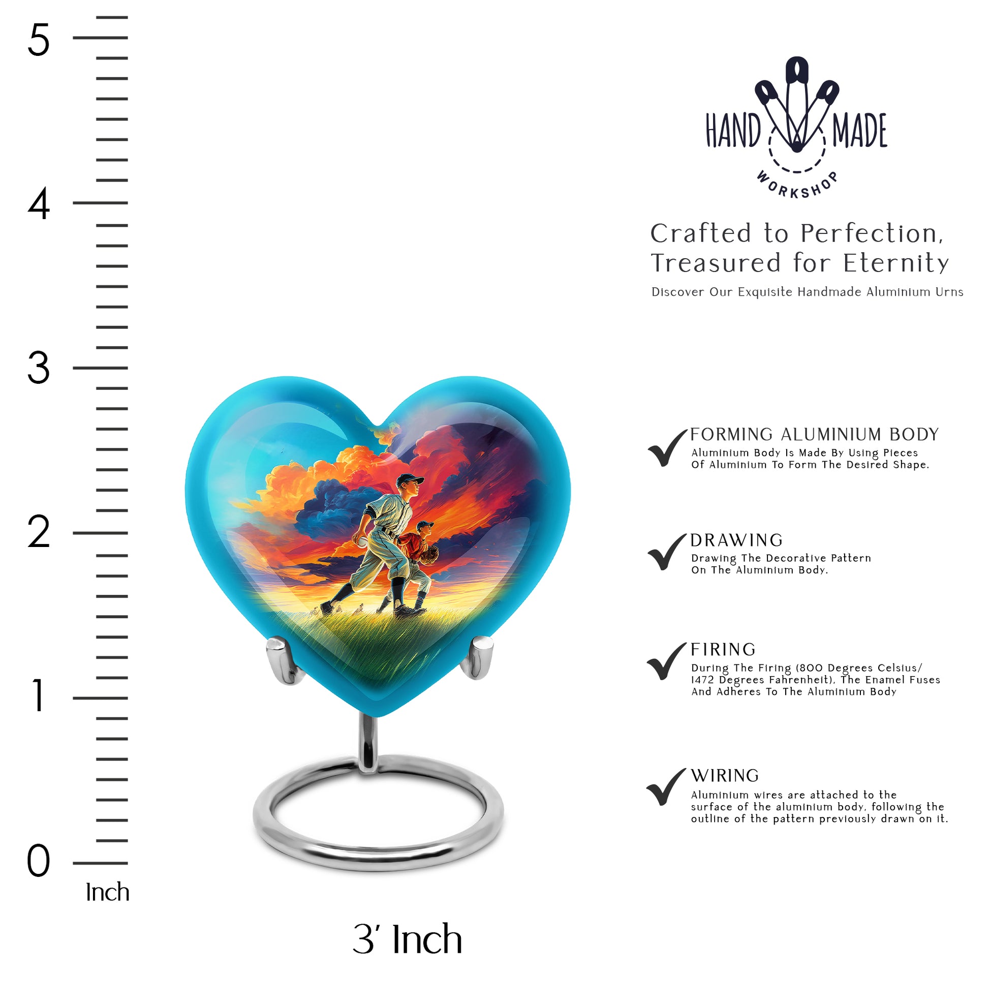 Dusty Blue Baseball Cremation Urn front view showing detailed design - heart-shaped baseball design symbolizing eternal love - mini keepsake memorial for portion of cremation ashes