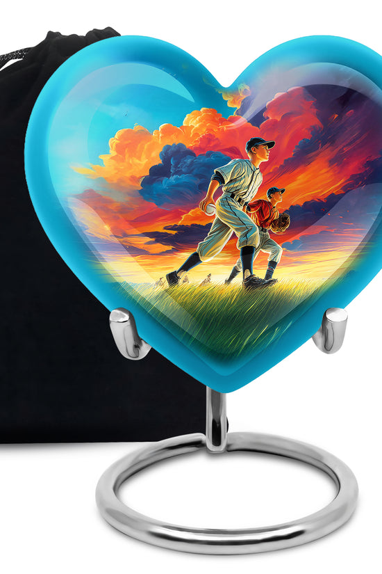 Slate Blue Baseball Cremation Urn detail view - loving heart memorial featuring baseball pattern - full-size 10 inch 200 cubic inch adult cremation urn