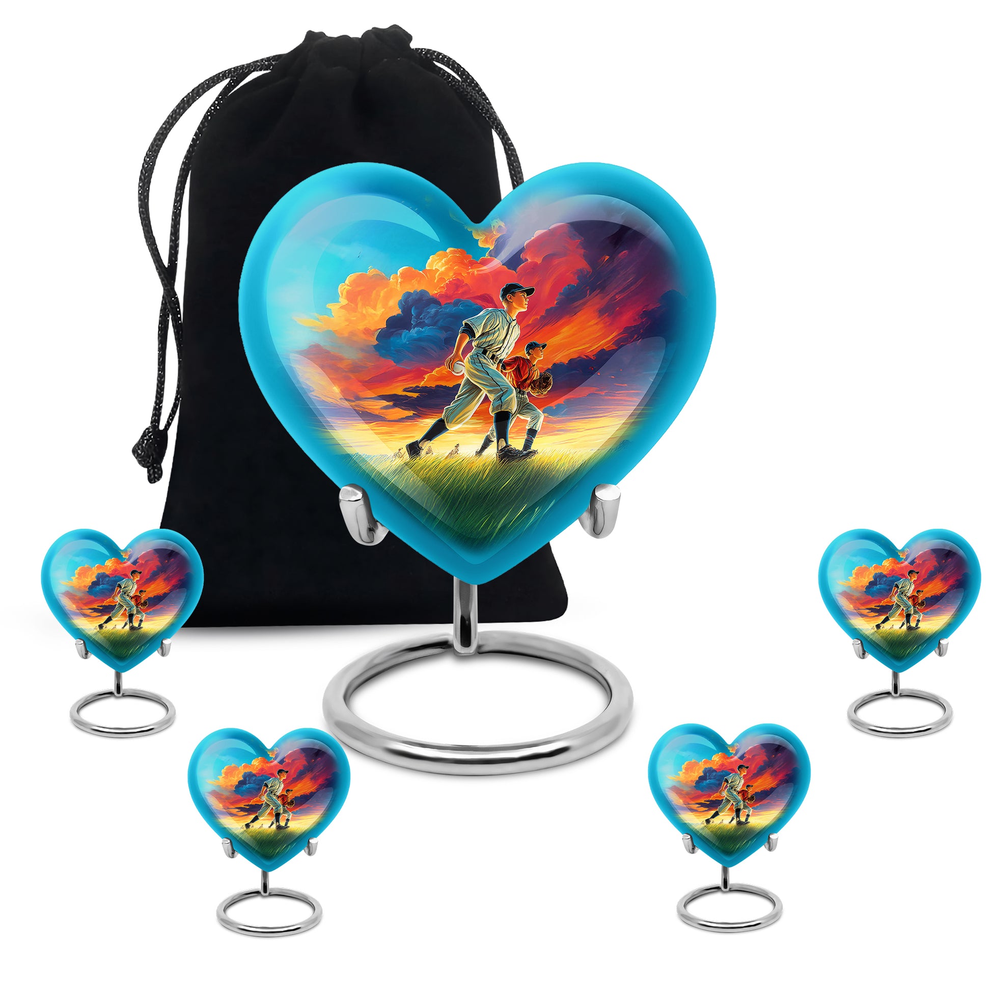 Cornflower Blue Baseball Cremation Urn close-up of engraving and surface detail - romantic heart urn with baseball motif on aluminum - memorial set with one large and four small urns