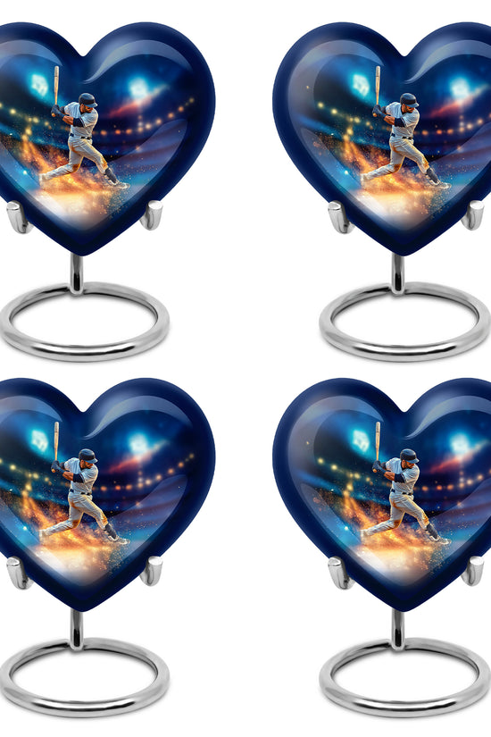 Navy Blue Baseball Cremation Urn angled view of lid and engraved motif - heart-shaped baseball design symbolizing eternal love - 10 inch aluminum urn for cremated remains