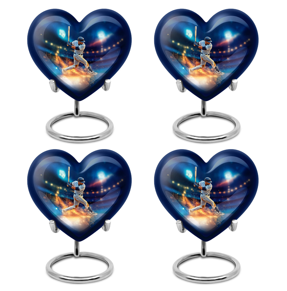 Navy Blue Baseball Cremation Urn angled view of lid and engraved motif - heart-shaped baseball design symbolizing eternal love - 10 inch aluminum urn for cremated remains