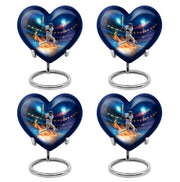 Navy Blue Baseball Cremation Urn angled view of lid and engraved motif - heart-shaped baseball design symbolizing eternal love - 10 inch aluminum urn for cremated remains