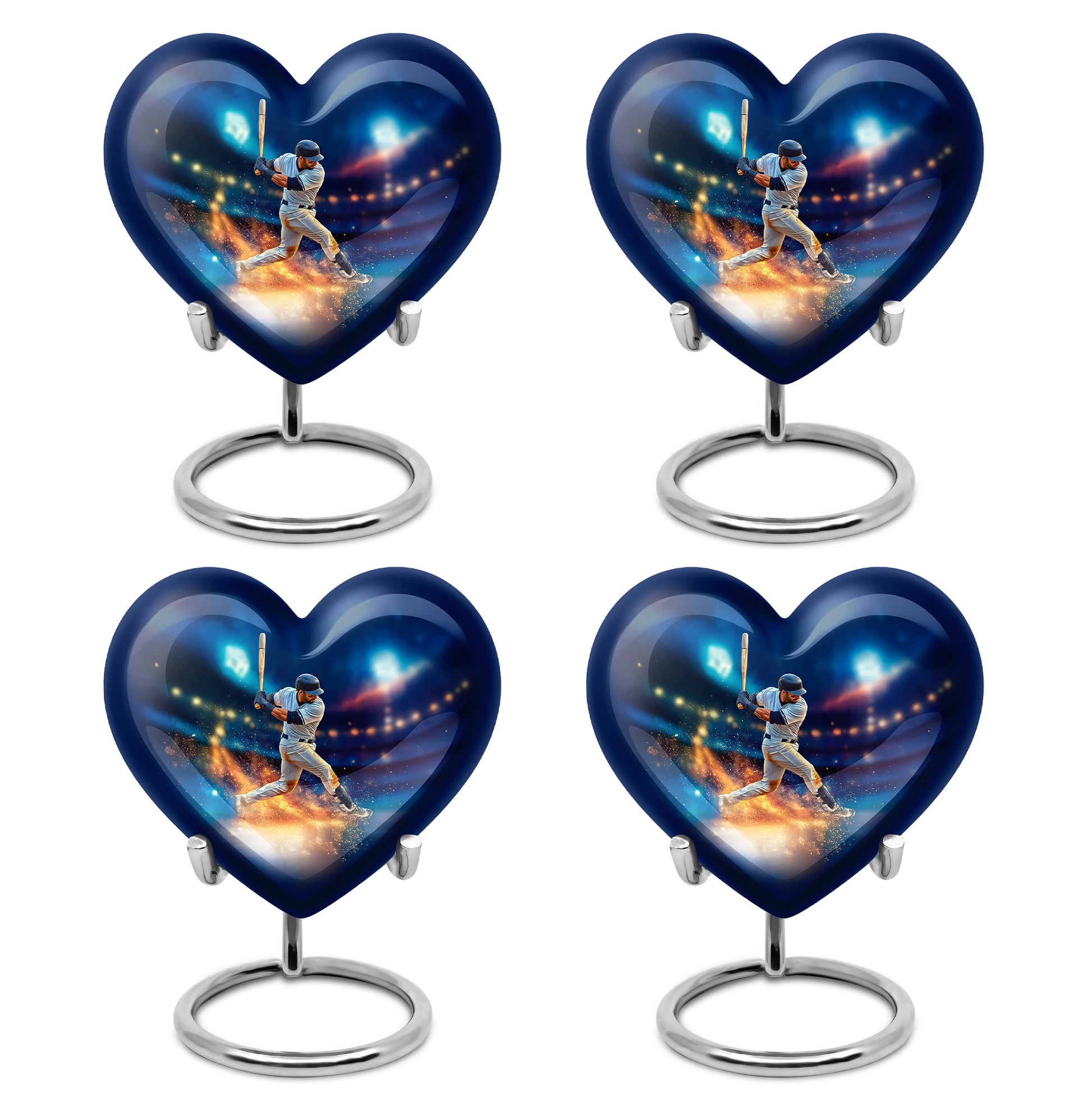 Navy Blue Baseball Cremation Urn angled view of lid and engraved motif - heart-shaped baseball design symbolizing eternal love - 10 inch aluminum urn for cremated remains