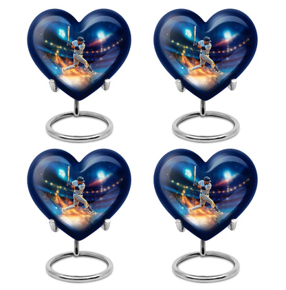 Navy Blue Baseball Cremation Urn angled view of lid and engraved motif - heart-shaped baseball design symbolizing eternal love - 10 inch aluminum urn for cremated remains