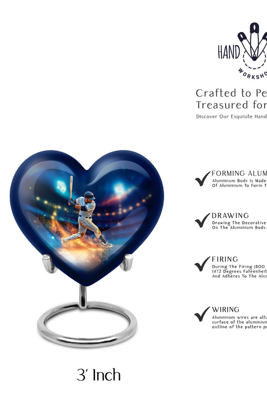 Royal Blue Baseball Cremation Urn front view showing detailed design - compassionate heart-baseball combination with gentle curves - mini keepsake memorial for portion of cremation ashes