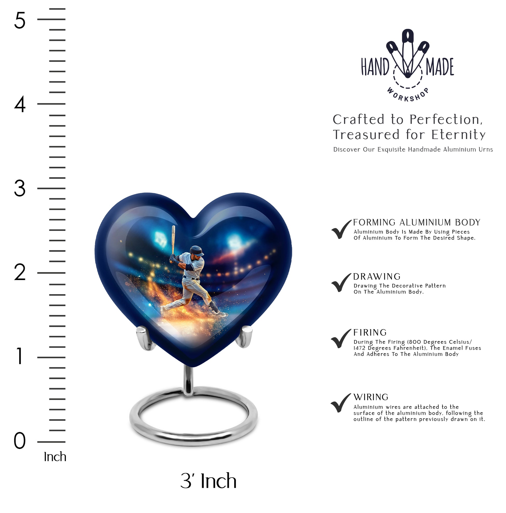 Royal Blue Baseball Cremation Urn front view showing detailed design - compassionate heart-baseball combination with gentle curves - mini keepsake memorial for portion of cremation ashes