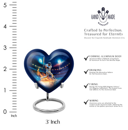 Royal Blue Baseball Cremation Urn front view showing detailed design - compassionate heart-baseball combination with gentle curves - mini keepsake memorial for portion of cremation ashes