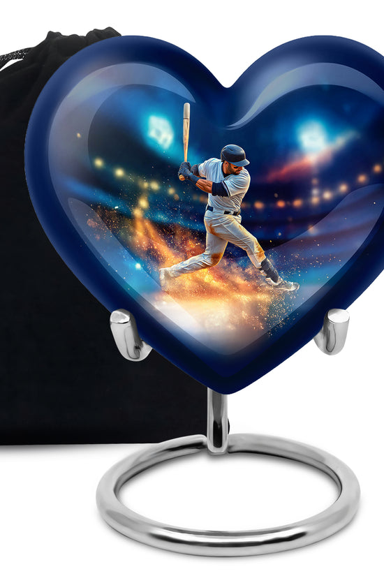 Steel Blue Baseball Cremation Urn detail view - compassionate heart-baseball combination with gentle curves - full-size 10 inch 200 cubic inch adult cremation urn