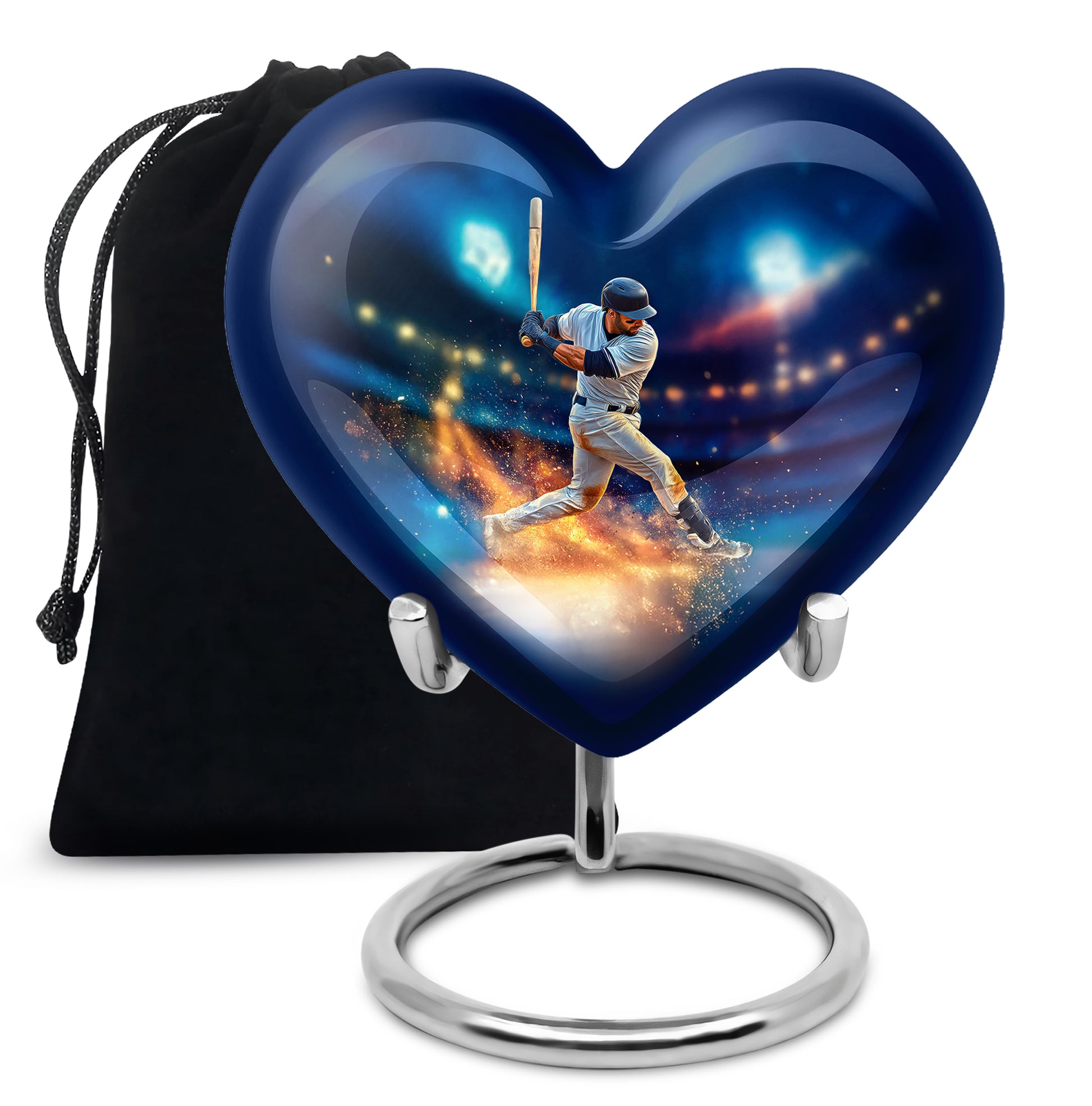 Steel Blue Baseball Cremation Urn detail view - compassionate heart-baseball combination with gentle curves - full-size 10 inch 200 cubic inch adult cremation urn