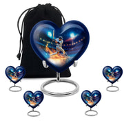 Icy Blue Baseball Cremation Urn close-up of engraving and surface detail - heart-shaped baseball design symbolizing eternal love - memorial set with one large and four small urns