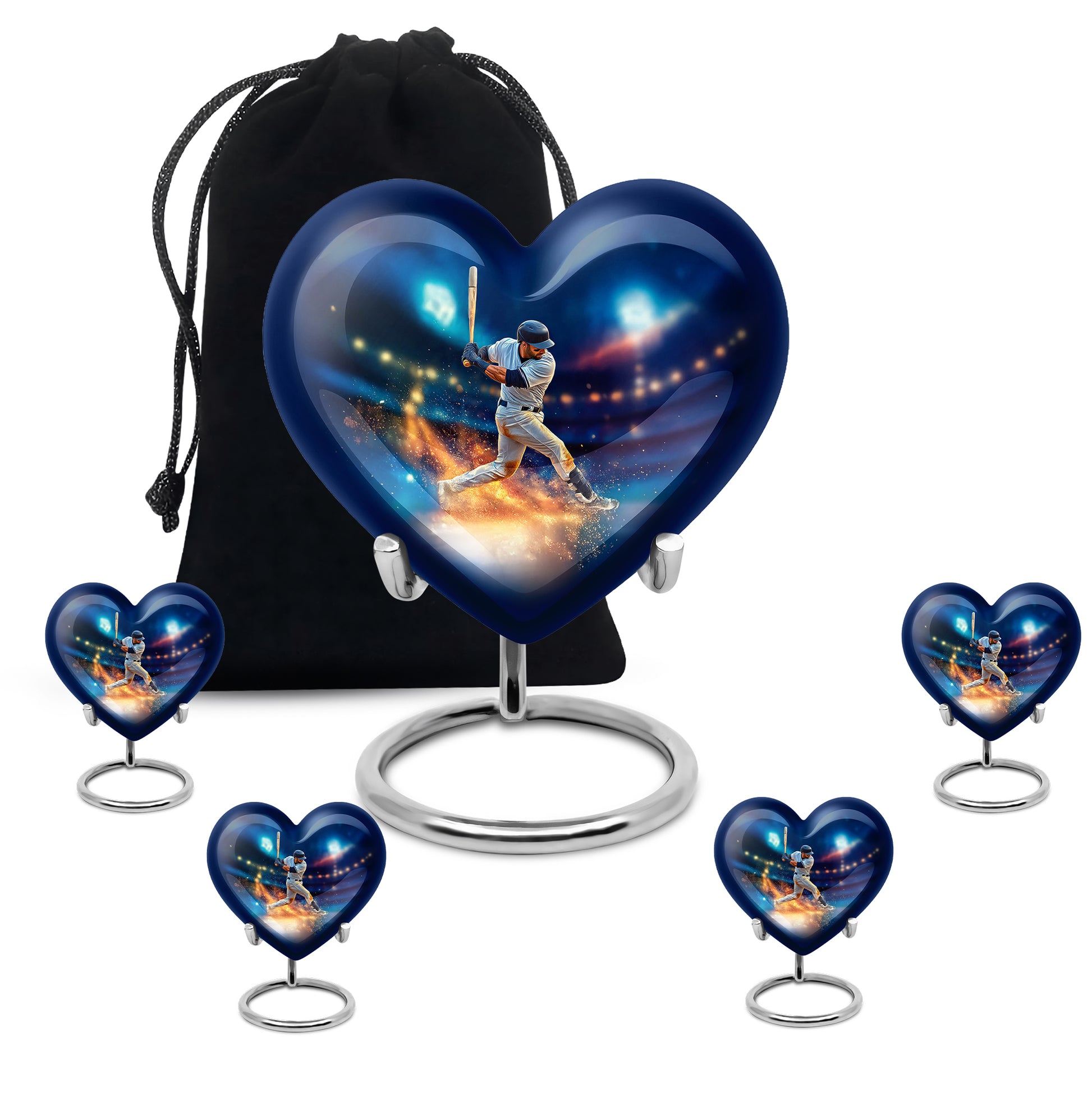 Icy Blue Baseball Cremation Urn close-up of engraving and surface detail - heart-shaped baseball design symbolizing eternal love - memorial set with one large and four small urns