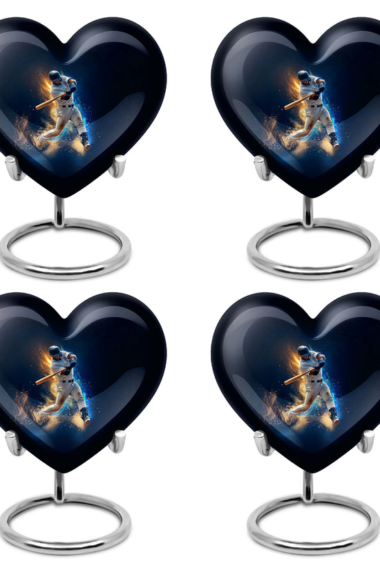 Calming Blue Baseball Cremation Urn angled view of lid and engraved motif - romantic heart urn with baseball motif on aluminum - 10 inch aluminum urn for cremated remains