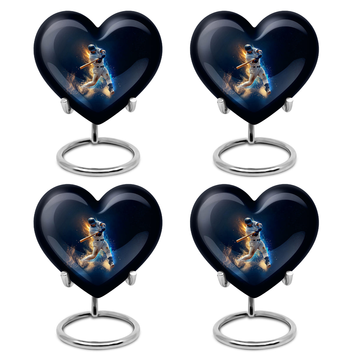 Calming Blue Baseball Cremation Urn angled view of lid and engraved motif - romantic heart urn with baseball motif on aluminum - 10 inch aluminum urn for cremated remains