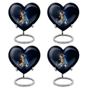 Calming Blue Baseball Cremation Urn angled view of lid and engraved motif - romantic heart urn with baseball motif on aluminum - 10 inch aluminum urn for cremated remains