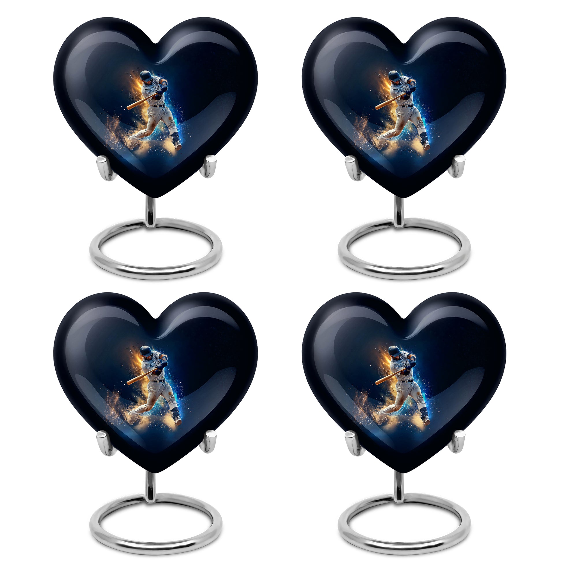 Calming Blue Baseball Cremation Urn angled view of lid and engraved motif - romantic heart urn with baseball motif on aluminum - 10 inch aluminum urn for cremated remains