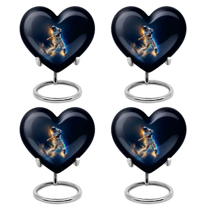 Calming Blue Baseball Cremation Urn angled view of lid and engraved motif - romantic heart urn with baseball motif on aluminum - 10 inch aluminum urn for cremated remains