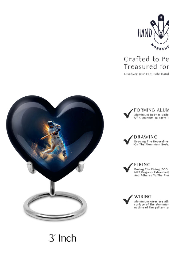 Cobalt Blue Baseball Cremation Urn front view showing detailed design - compassionate heart-baseball combination with gentle curves - mini keepsake memorial for portion of cremation ashes