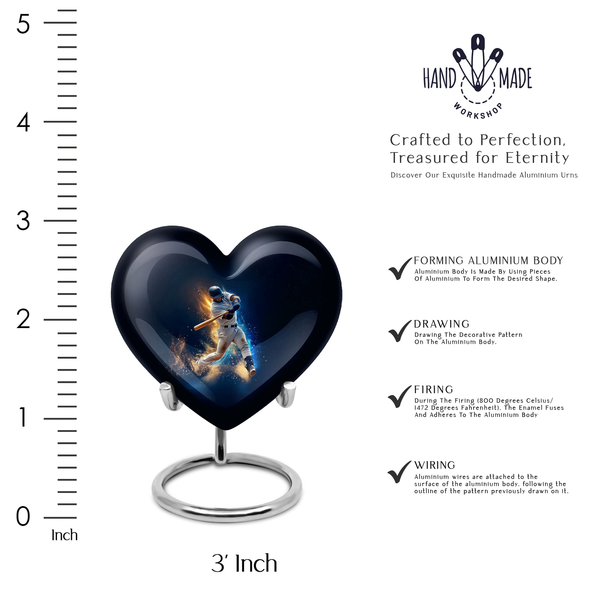 Cobalt Blue Baseball Cremation Urn front view showing detailed design - compassionate heart-baseball combination with gentle curves - mini keepsake memorial for portion of cremation ashes