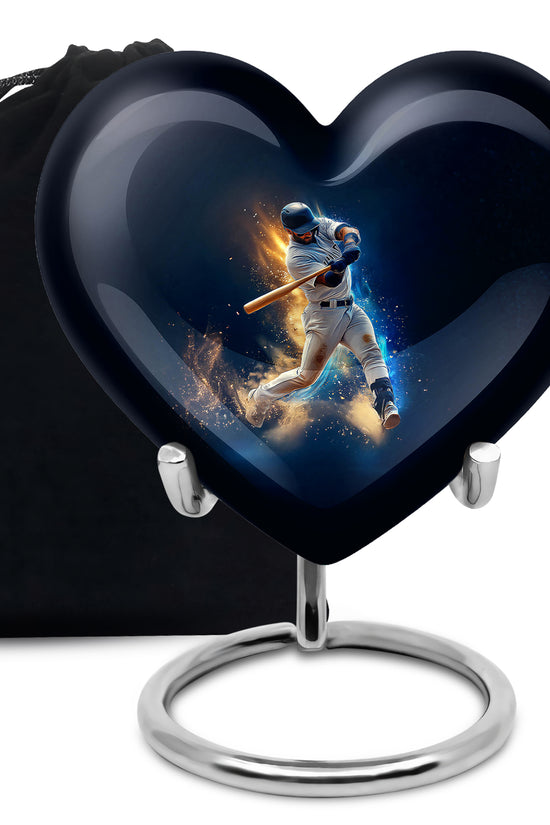 Calming Blue Baseball Cremation Urn detail view - romantic heart urn with baseball motif on aluminum - full-size 10 inch 200 cubic inch adult cremation urn