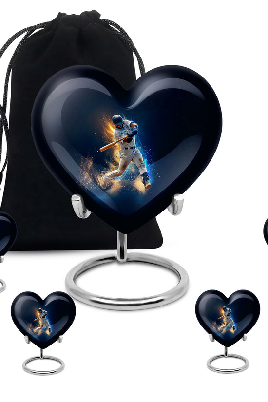 Steel Blue Baseball Cremation Urn close-up of engraving and surface detail - romantic heart urn with baseball motif on aluminum - memorial set with one large and four small urns