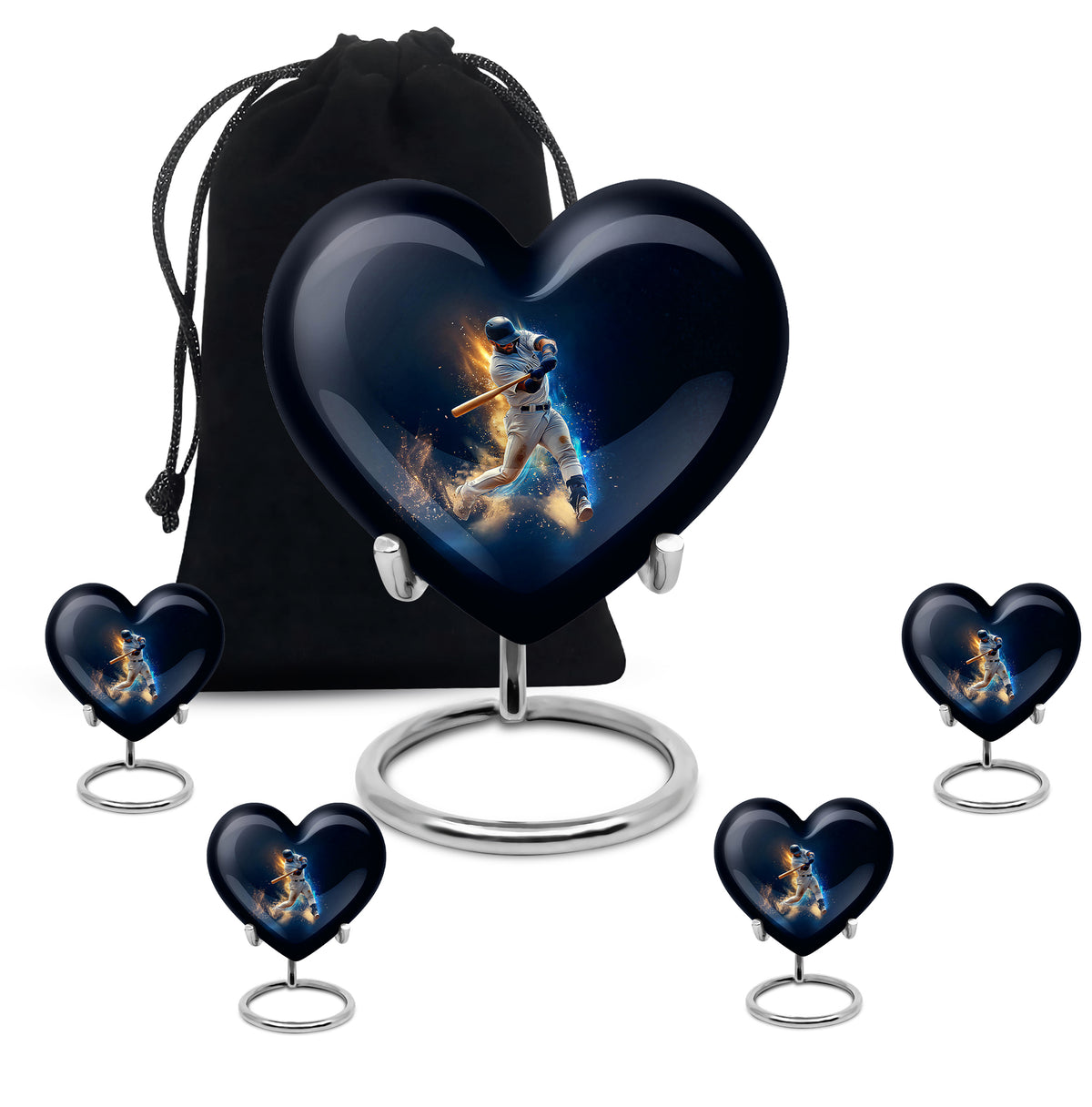 Steel Blue Baseball Cremation Urn close-up of engraving and surface detail - romantic heart urn with baseball motif on aluminum - memorial set with one large and four small urns
