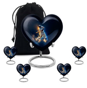 Steel Blue Baseball Cremation Urn close-up of engraving and surface detail - romantic heart urn with baseball motif on aluminum - memorial set with one large and four small urns