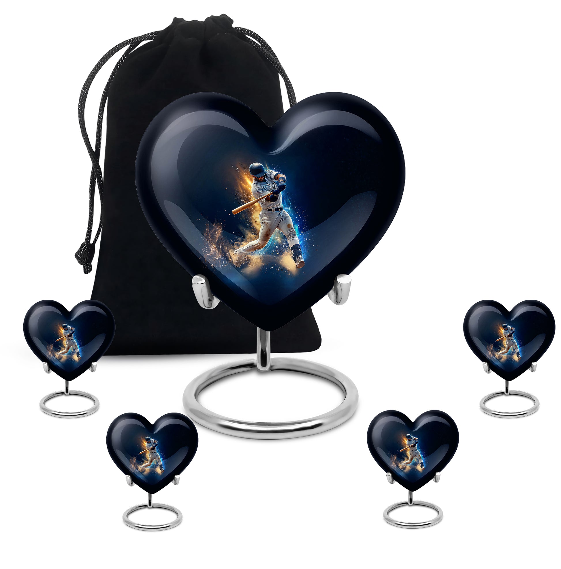 Steel Blue Baseball Cremation Urn close-up of engraving and surface detail - romantic heart urn with baseball motif on aluminum - memorial set with one large and four small urns