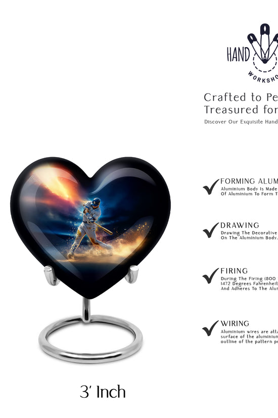 Steel Blue Baseball Cremation Urn front view showing detailed design - romantic heart urn with baseball motif on aluminum - mini keepsake memorial for portion of cremation ashes