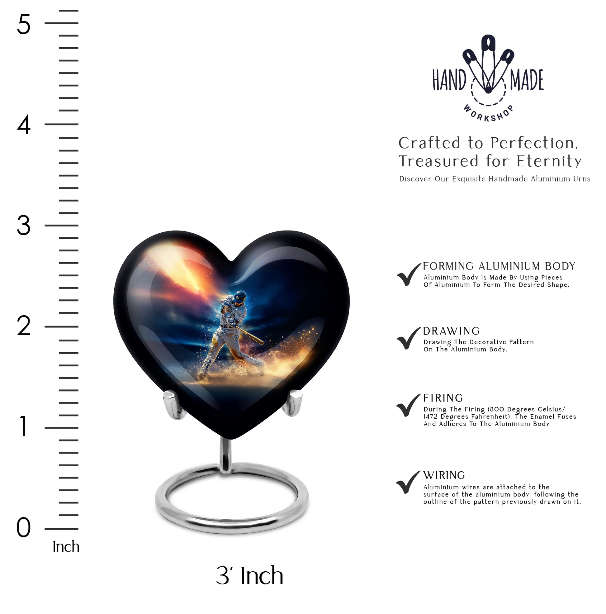 Steel Blue Baseball Cremation Urn front view showing detailed design - romantic heart urn with baseball motif on aluminum - mini keepsake memorial for portion of cremation ashes