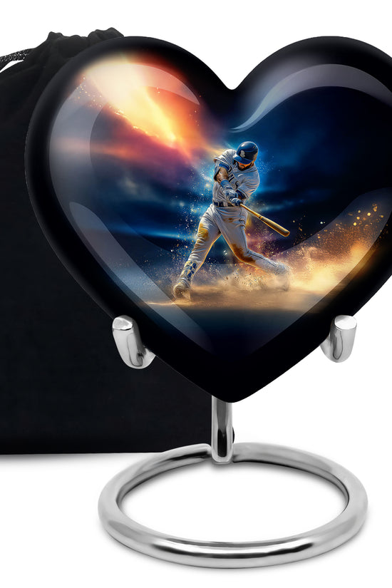Vivid Blue Baseball Cremation Urn detail view - compassionate heart-baseball combination with gentle curves - full-size 10 inch 200 cubic inch adult cremation urn