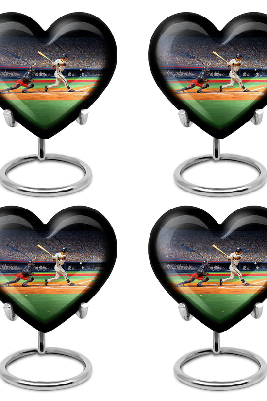 Onyx Black Baseball Cremation Urn angled view of lid and engraved motif - romantic heart urn with baseball motif on aluminum - 10 inch aluminum urn for cremated remains
