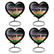 Onyx Black Baseball Cremation Urn angled view of lid and engraved motif - romantic heart urn with baseball motif on aluminum - 10 inch aluminum urn for cremated remains